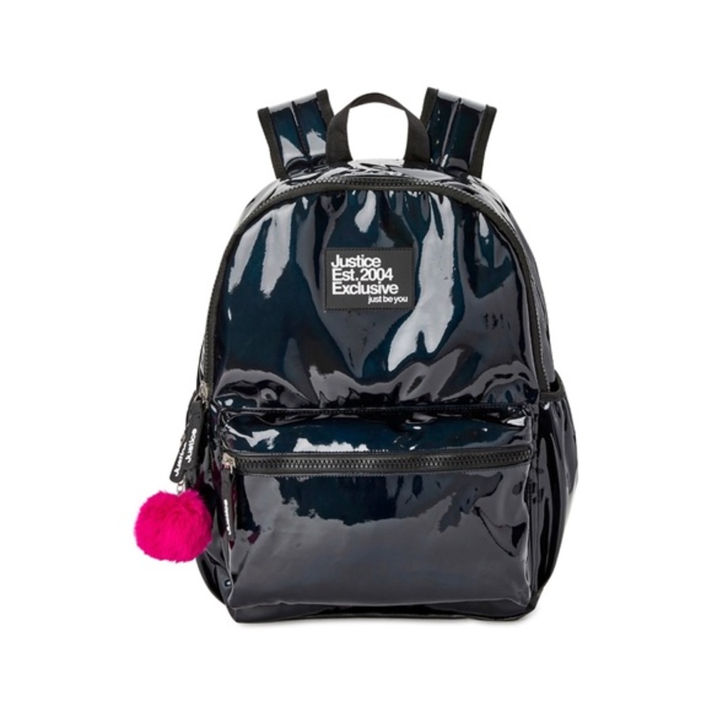 Justice Girls 17" Laptop Backpack with Pom Pom Dangle, Black